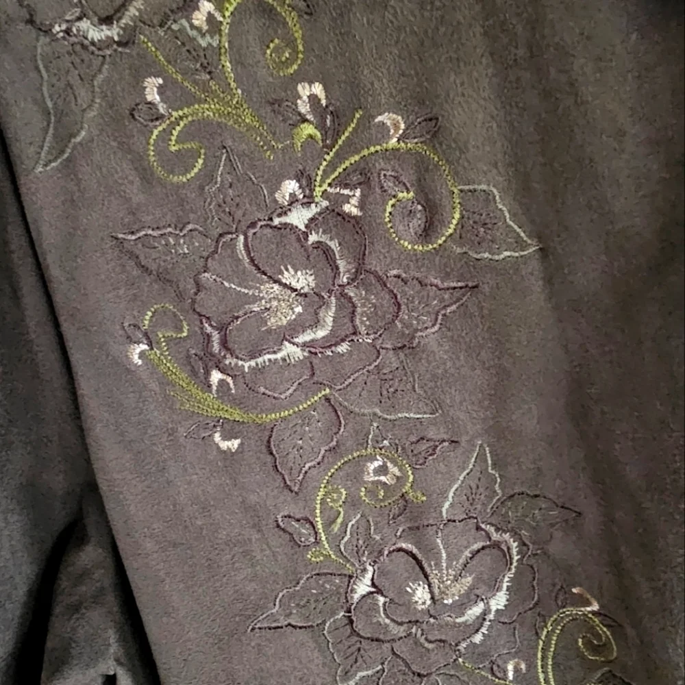 Chico's Faux Suede Green Open Waterfall Embroidery Women's Cardigan Size 2